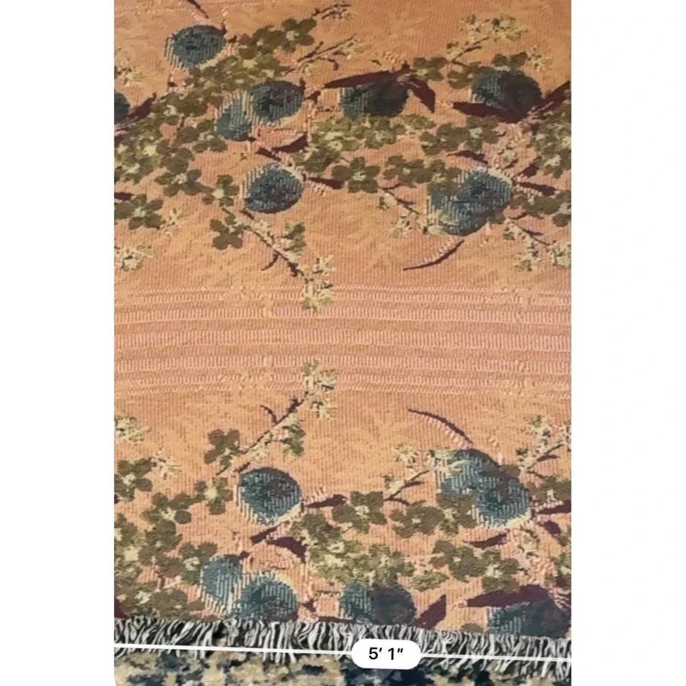 VTG‎ Peach Floral Woven Tapestry Throw Blanket Navy Green Gold Fringed 50x61